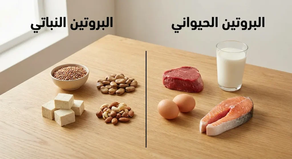  صورة مقارنة تُظهر مصادر البروتين الحيواني على اليمين ومصادر البروتين النباتي على اليسار