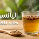 كوب زجاجي يحتوي على منقوع اليانسون الدافئ مع بذور اليانسون وعبارة "اليانسون طارد للغازات