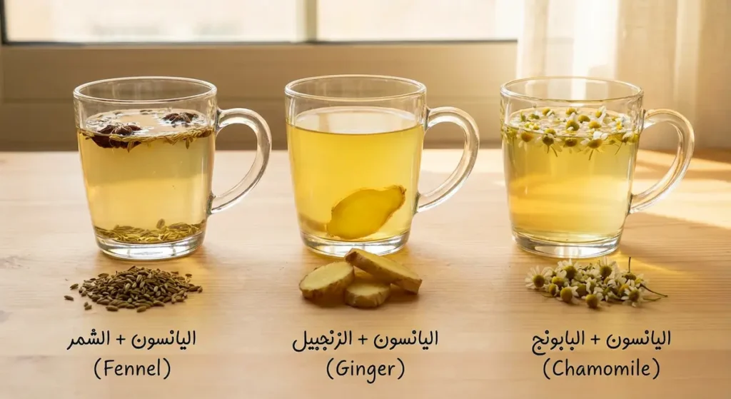 ثلاث خلطات فعّالة من اليانسون: مع الشمر لمضاعفة تأثير طرد الغازات، مع الزنجبيل لتسريع الهضم، ومع البابونج للاسترخاء