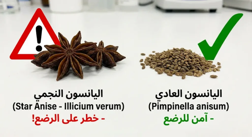 مقارنة تحذيرية بين اليانسون العادي الآمن وبذوره البيضاوية الصغيرة، واليانسون النجمي الخطر على الرضع بشكله النجمي المميز