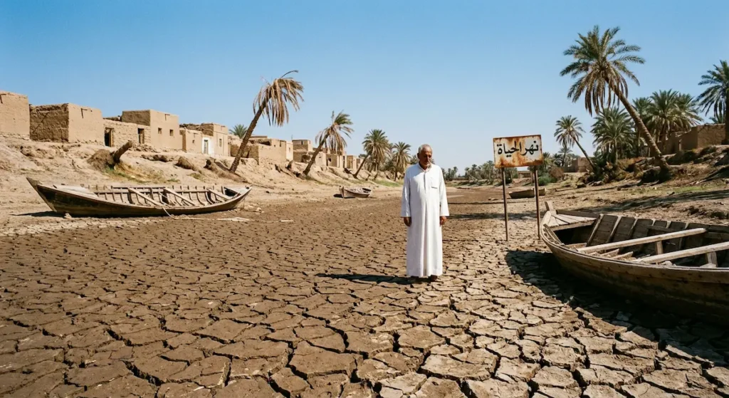 قاع نهر عربي جاف ومتشقق مع قوارب جانحة ورجل مسن ينظر بحسرة، يُظهر أزمة شح المياه في المنطقة العربية