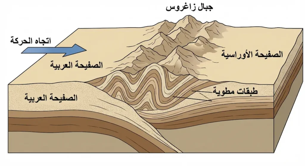مقطع عرضي يوضح اصطدام الصفيحة العربية بالأوراسية وتكون جبال زاغروس