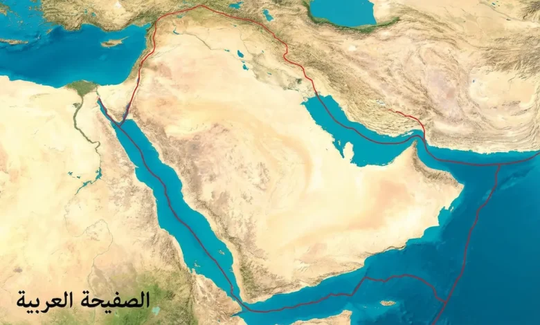 صورة فضائية لشبه الجزيرة العربية تُظهر حدود الصفيحة العربية التكتونية مع البحر الأحمر والخليج العربي