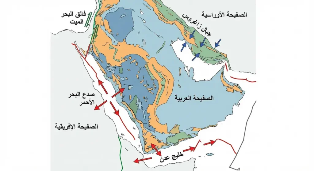  خريطة جيولوجية توضح الحدود التكتونية الأربعة للصفيحة العربية مع الصفائح المجاورة