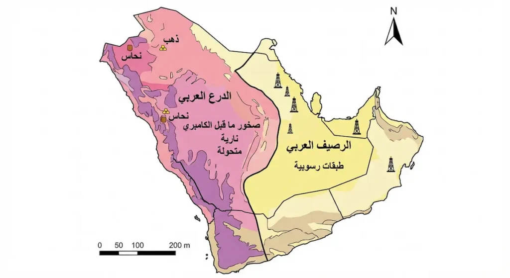  خريطة جيولوجية تُظهر التقسيم بين الدرع العربي في الغرب والرصيف العربي في الشرق