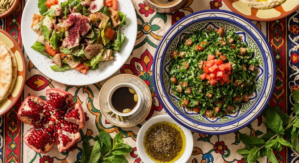 مائدة طعام عربية تضم التبولة والفتوش بالسماق والقهوة العربية بالهيل والرمان والزعتر بالزيت وأوراق النعناع الطازجة