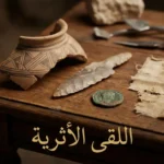 مجموعة متنوعة من اللقى الأثرية تشمل قطعة فخارية وسكيناً حجرياً وعملة برونزية ونسيجاً كتانياً معروضة على طاولة خشبية بإضاءة متحفية