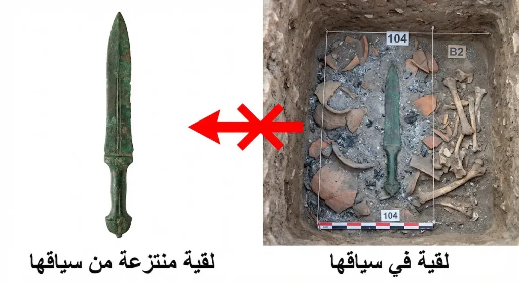 مقارنة بصرية بين لقية أثرية في سياقها الأصلي محاطة بالدلائل العلمية ولقية منتزعة فقدت معظم معلوماتها