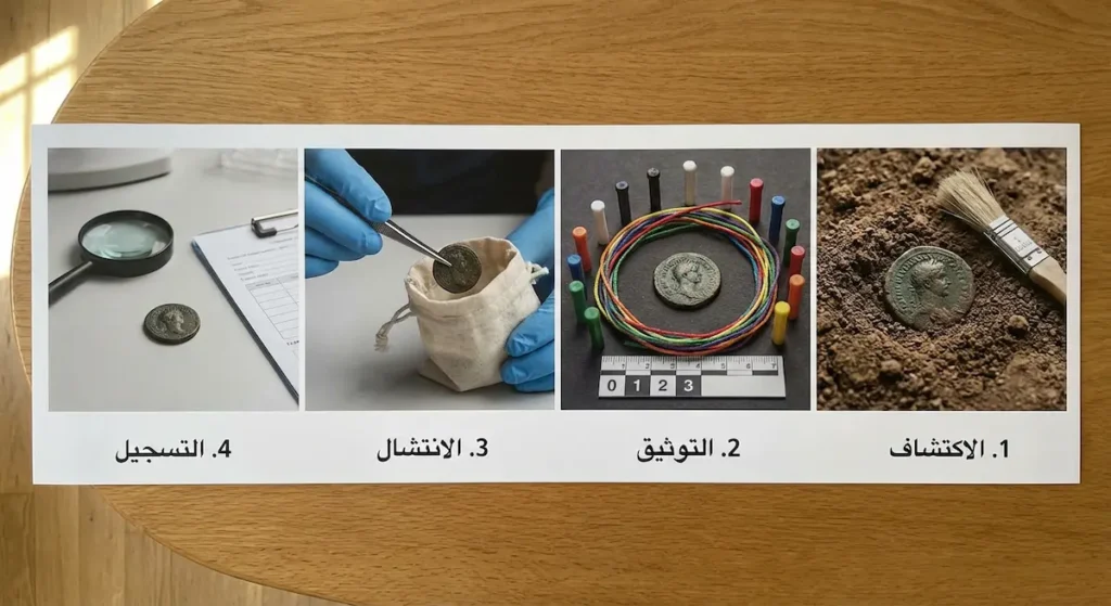 أربع مراحل متسلسلة للتعامل مع لقية أثرية: الاكتشاف والتوثيق والانتشال والتسجيل