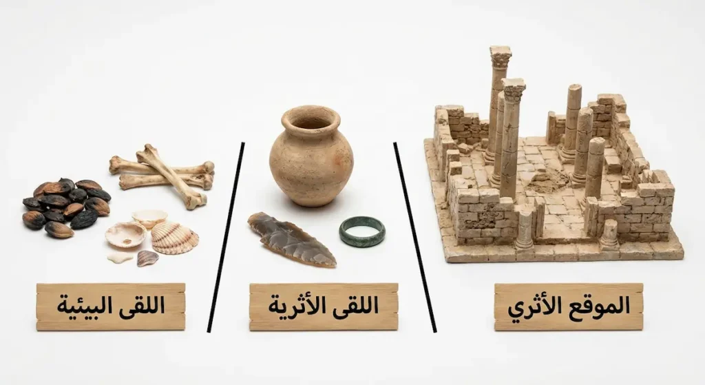 مقارنة بصرية توضح ثلاثة مفاهيم أثرية: الموقع الأثري كمكان جغرافي، واللقى الأثرية كقطع صنعها الإنسان، واللقى البيئية كبقايا عضوية طبيعية
