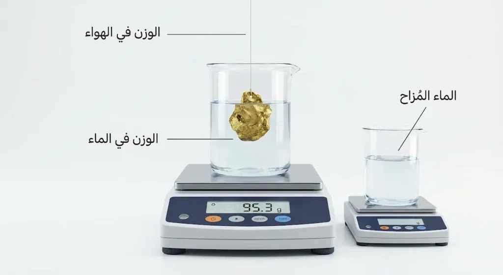 تجربة علمية لقياس كثافة الذهب باستخدام مبدأ أرخميدس مع كأس ماء وميزان رقمي وقطعة ذهبية معلقة بخيط