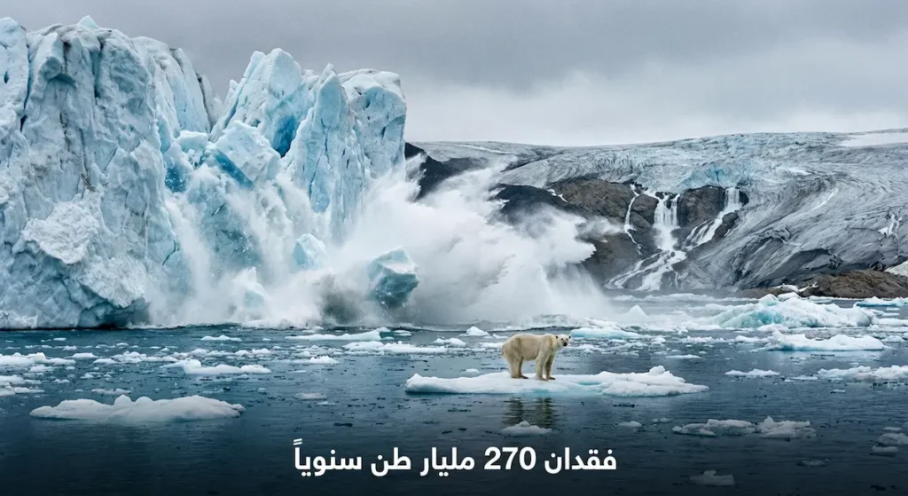 جبل جليدي ضخم ينهار في المحيط القطبي مع دب قطبي وحيد على قطعة جليد، يوضح فقدان 270 مليار طن من الجليد سنوياً