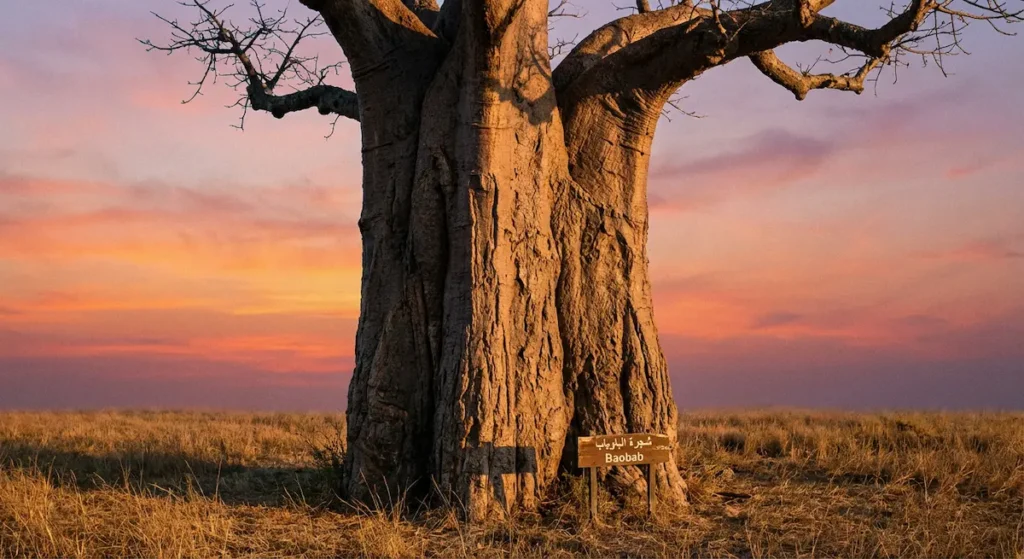 صورة واقعية لشجرة باوباب بجذع ضخم في السافانا مع أرض عشبية وإضاءة طبيعية.