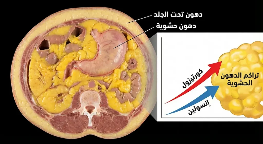 رسم توضيحي لتراكم الدهون الحشوية في البطن وعلاقتها بالكورتيزول والأنسولين
