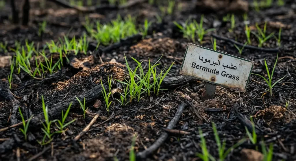 براعم عشب البرمودا الخضراء تنمو فوق تربة متفحمة بعد حريق سطحي بشكل واقعي.