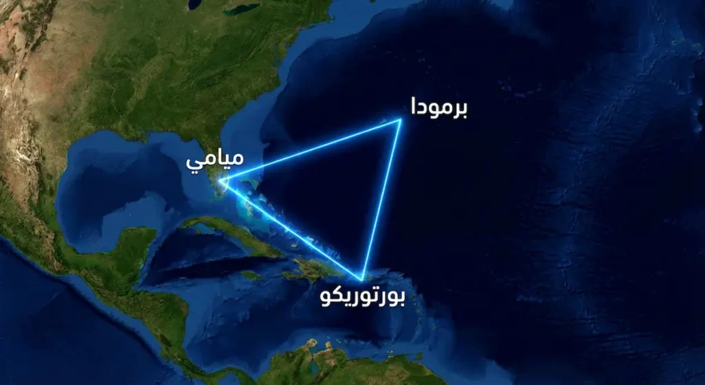 خريطة توضح حدود وموقع مثلث برمودا الجغرافي بين ميامي وبورتوريكو وبرمودا