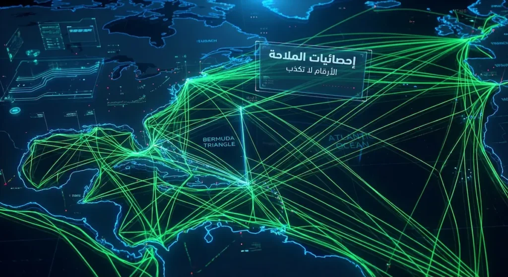 خريطة بيانات رقمية توضح كثافة الرحلات الآمنة في مثلث برمودا مقارنة بندرة الحوادث.