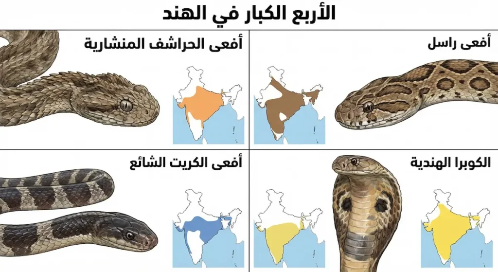 إنفوجرافيك يعرّف بالأربع الكبار في الهند مع أسماء عربية وخرائط صغيرة
