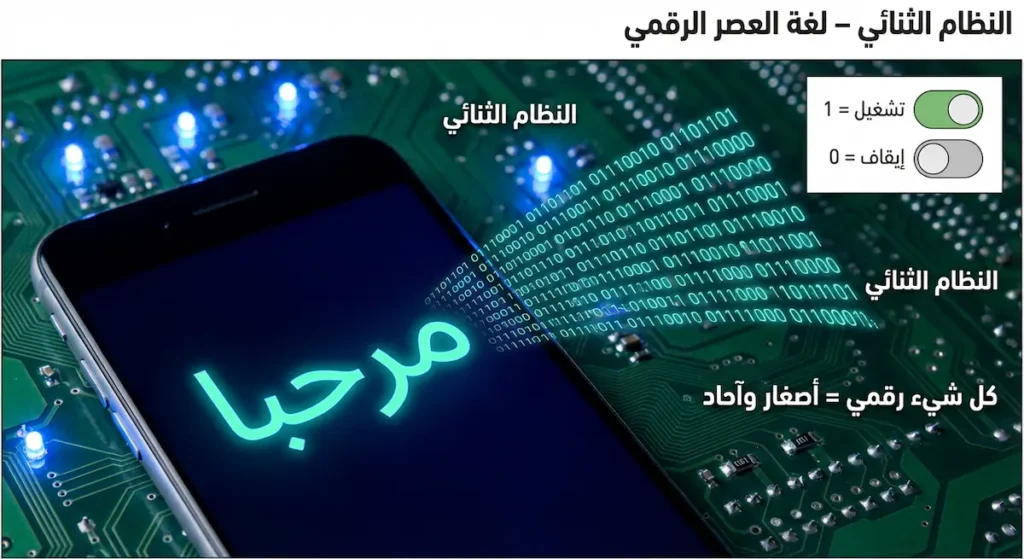 صورة توضيحية تُظهر كيف تتحول الكلمات والبيانات إلى أصفار وآحاد في النظام الثنائي للحواسيب
