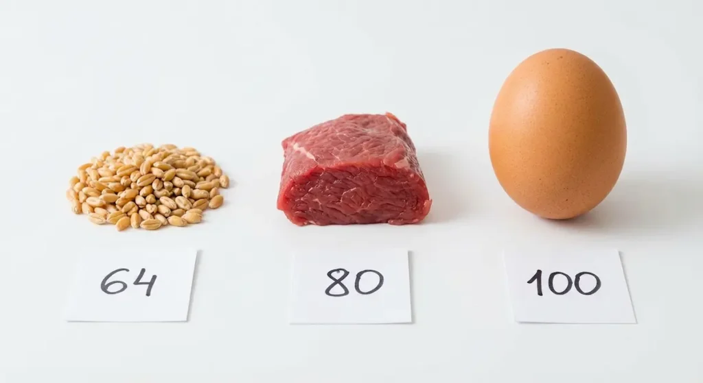 مقارنة القيمة البيولوجية لثلاثة مصادر بروتين: البيض 100 واللحم البقري 80 والقمح 64