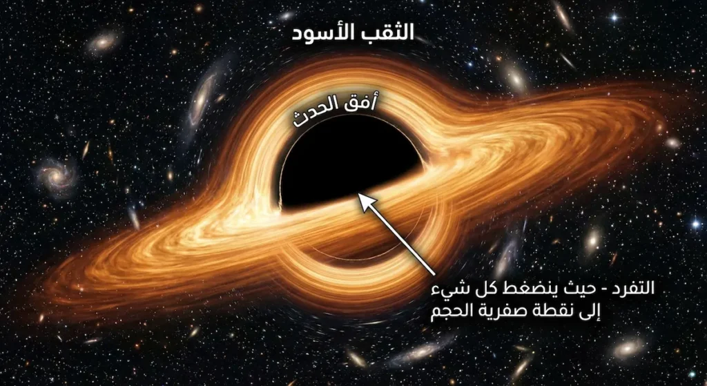 صورة فلكية لثقب أسود مع توضيح نقطة التفرد في مركزه حيث تنضغط المادة في حجم يقترب من الصفر