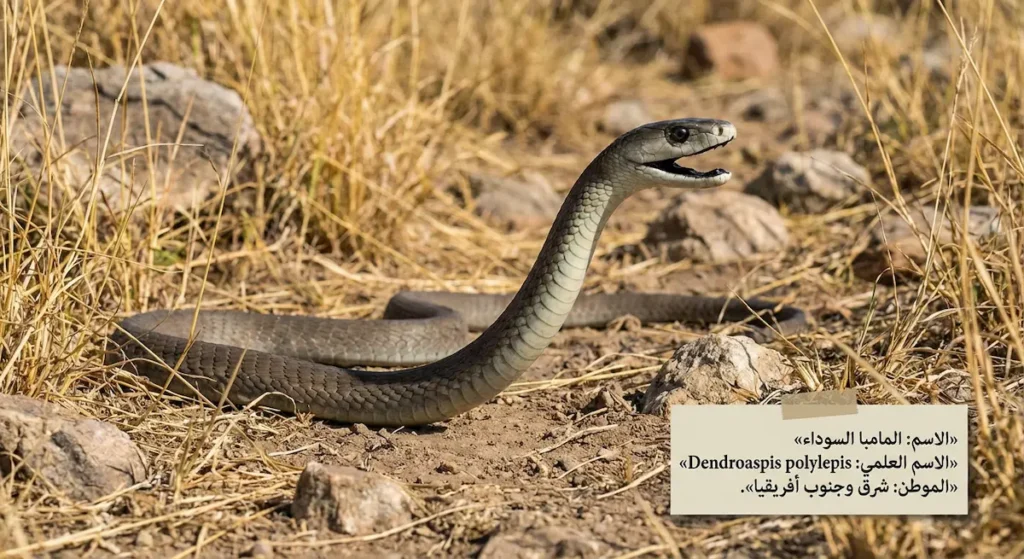 مامبا سوداء في السافانا مع بطاقة تعريف عربية