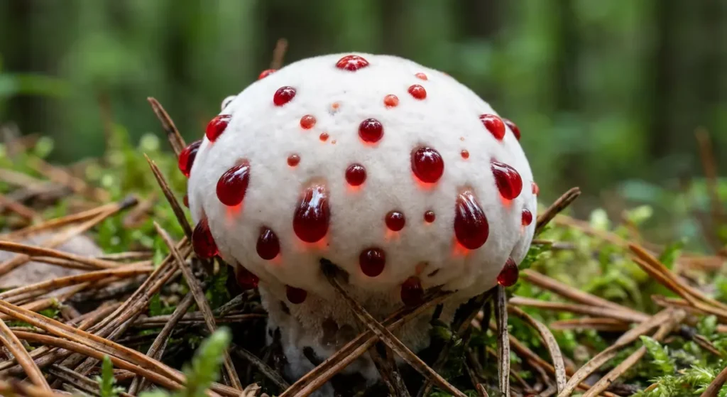 فطر نزيف الأسنان أبيض اللون تنضح منه قطرات حمراء تشبه الدم على أرضية غابة صنوبرية