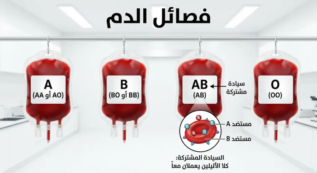 أكياس دم تمثل فصائل الدم الأربع مع توضيح السيادة المشتركة في فصيلة AB
