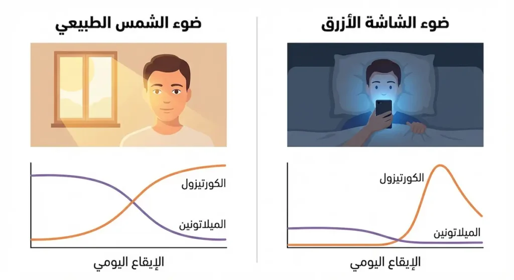 إنفوجرافيك يقارن ضوء الشمس وضوء الشاشة الأزرق مع تسميات عربية للكورتيزول والميلاتونين والإيقاع اليومي