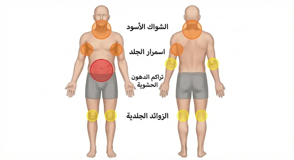 رسم توضيحي لجسم الإنسان يُحدد المناطق الشائعة لظهور الشواك الأسود والزوائد الجلدية وتراكم الدهون