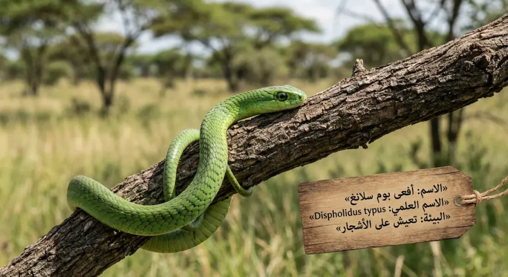 أفعى بوم سلانغ خضراء على غصن شجرة مع بطاقة تعريف عربية