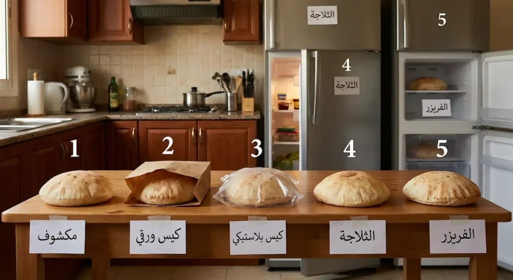 خمسة أرغفة خبز متماثلة محفوظة بطرق مختلفة: مكشوف، كيس ورقي، كيس بلاستيكي، ثلاجة، وفريزر لمقارنة نتائج التخزين