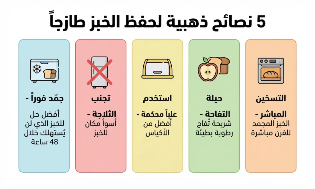 إنفوجرافيك يعرض خمس نصائح لحفظ الخبز: التجميد الفوري، تجنب الثلاجة، استخدام علب محكمة، حيلة التفاحة، والتسخين المباشر