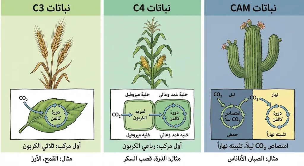مقارنة بين آليات تثبيت الكربون في نباتات C3 كالقمح ونباتات C4 كالذرة ونباتات CAM كالصبار