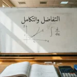 سبورة جامعية مكتوب عليها عبارة التفاضل والتكامل مع رسوم بيانية ورموز رياضية