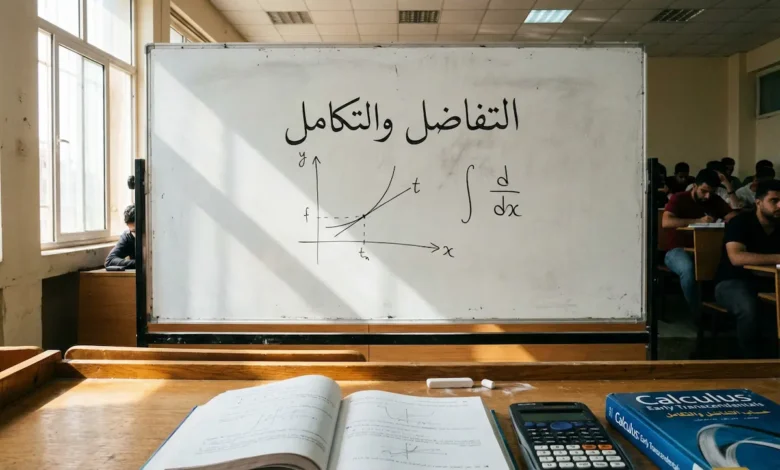 سبورة جامعية مكتوب عليها عبارة التفاضل والتكامل مع رسوم بيانية ورموز رياضية