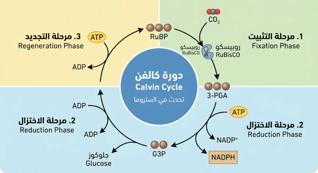 رسم دائري يوضح دورة كالفن بمراحلها الثلاث: التثبيت والاختزال والتجديد مع المركبات الوسيطة