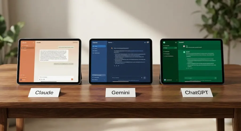ثلاثة أجهزة لوحية تعرض واجهات ChatGPT وGemini وClaude للمقارنة بينها