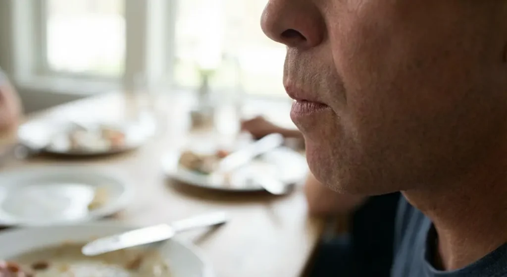 لقطة قريبة لشخص يمضغ الطعام توضح المحفز الصوتي الأكثر شيوعاً لمصابي الميزوفونيا