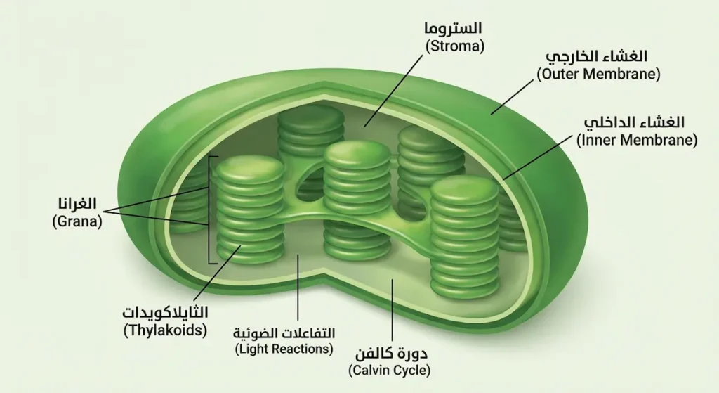  رسم ثلاثي الأبعاد للبلاستيدة الخضراء يوضح الغشاء الخارجي والداخلي والثايلاكويدات والغرانا والستروما