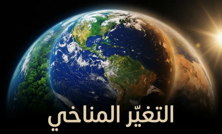 صورة فنية واقعية لكوكب الأرض من الفضاء تُظهر التباين بين نصف أخضر صحي ونصف متصحر ملوث، مع عبارة "التغير المناخي" بالعربية