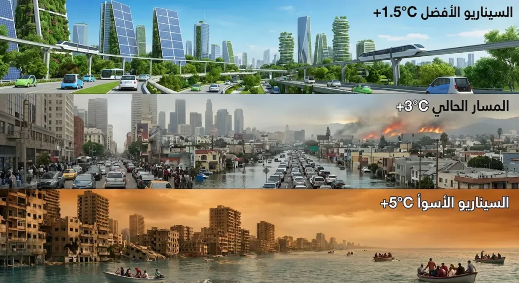 ثلاثة سيناريوهات مستقبلية مقارنة: الأفضل عند 1.5 درجة مع مدن خضراء، المسار الحالي عند 3 درجات، والأسوأ عند 5 درجات مع مدن مغمورة