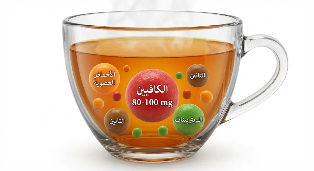 رسم توضيحي علمي يوضح المكونات الكيميائية الموجودة في كوب القهوة