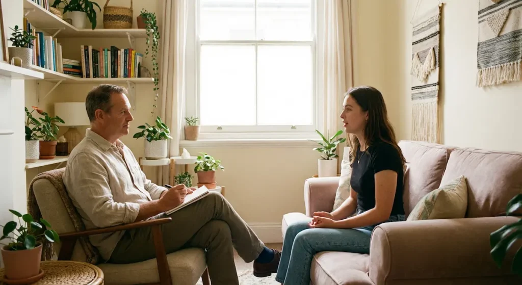 جلسة علاج نفسي في عيادة هادئة بين معالج ومريض في بيئة آمنة وداعمة