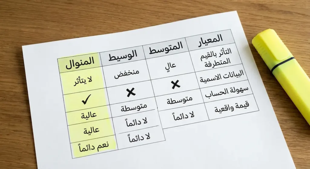 جدول مقارنة بين المتوسط والوسيط والمنوال من حيث التأثر بالقيم المتطرفة ونوع البيانات