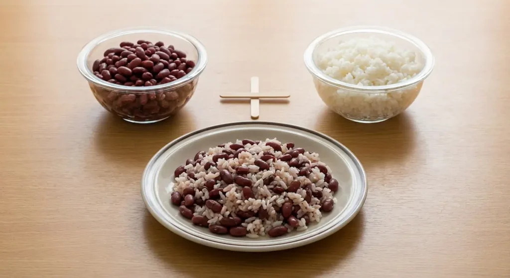 مفهوم تكامل البروتين: وعاء أرز ووعاء فاصوليا منفصلان، ثم طبق يجمعهما معاً للحصول على بروتين كامل