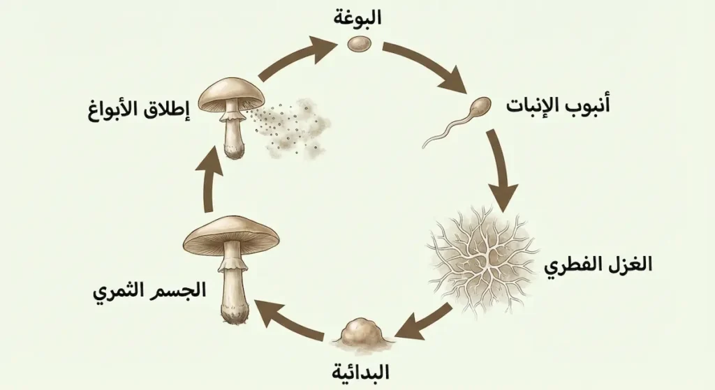 دورة حياة الفطر الكاملة من البوغة إلى الإنبات ثم الغزل الفطري فالجسم الثمري وإطلاق الأبواغ