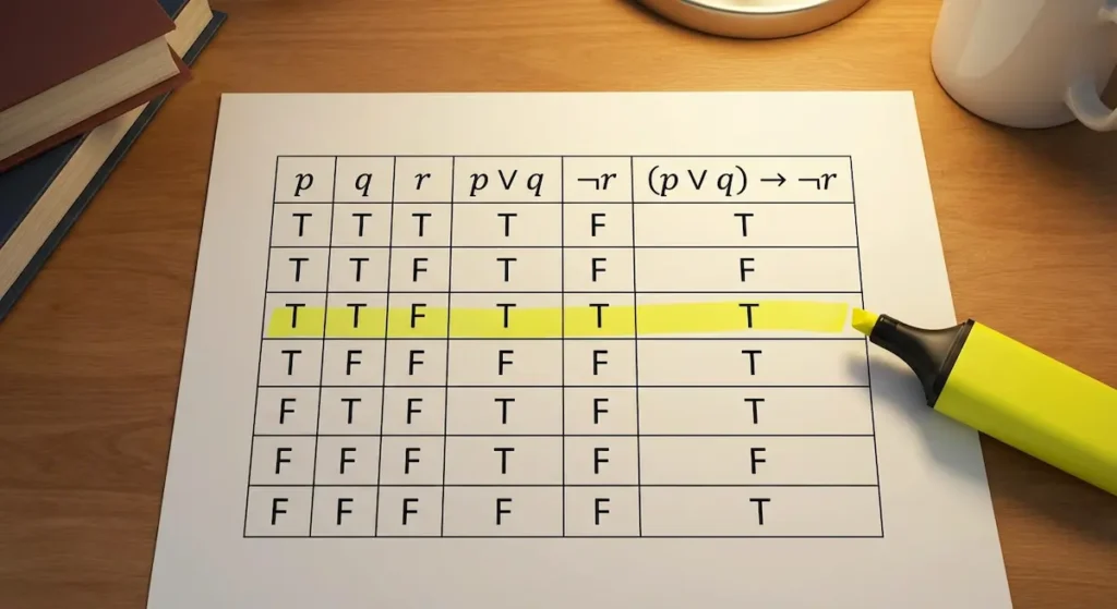 ورقة تحتوي جدول صواب مكتمل لعبارة (p ∨ q) → ¬r بثمانية صفوف وستة أعمدة