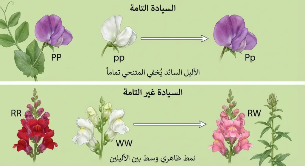 مقارنة بين السيادة التامة في البازلاء والسيادة غير التامة في زهرة فم الأسد