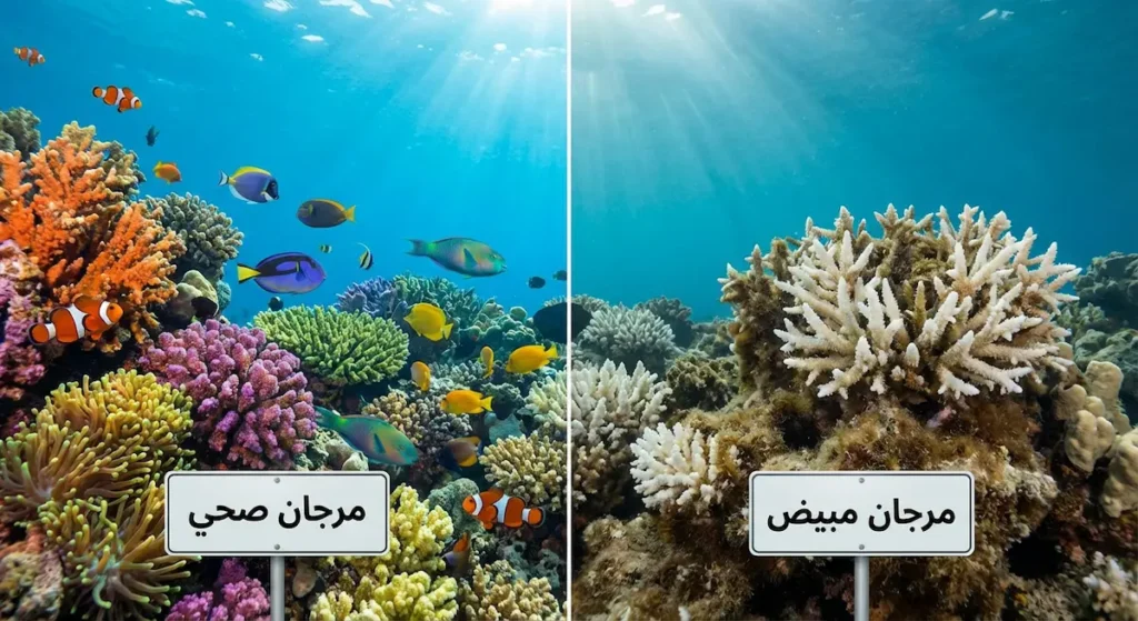 مقارنة تحت الماء بين شعاب مرجانية صحية ملونة مليئة بالحياة وشعاب مبيضة بيضاء ميتة بسبب ارتفاع حرارة المحيطات